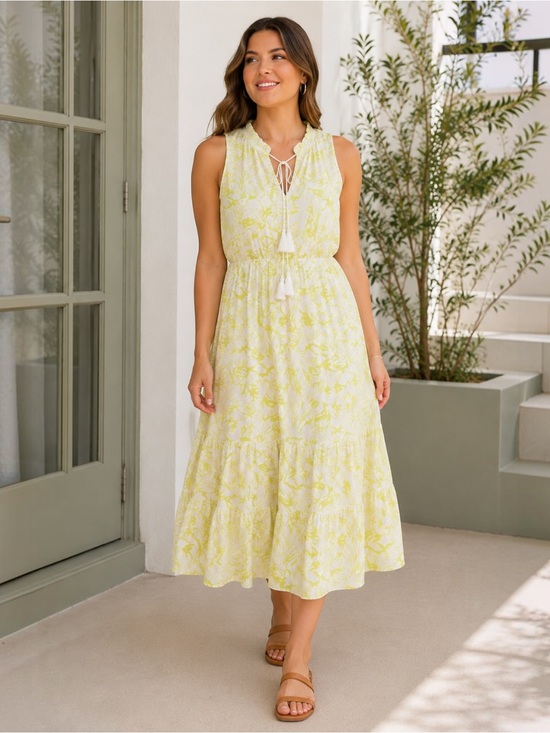torrid Dresses & Skirts - Torrid 00 Ivory Lime Floral Sleeveless Tiered Midi Dress Tassel Tie Size 10